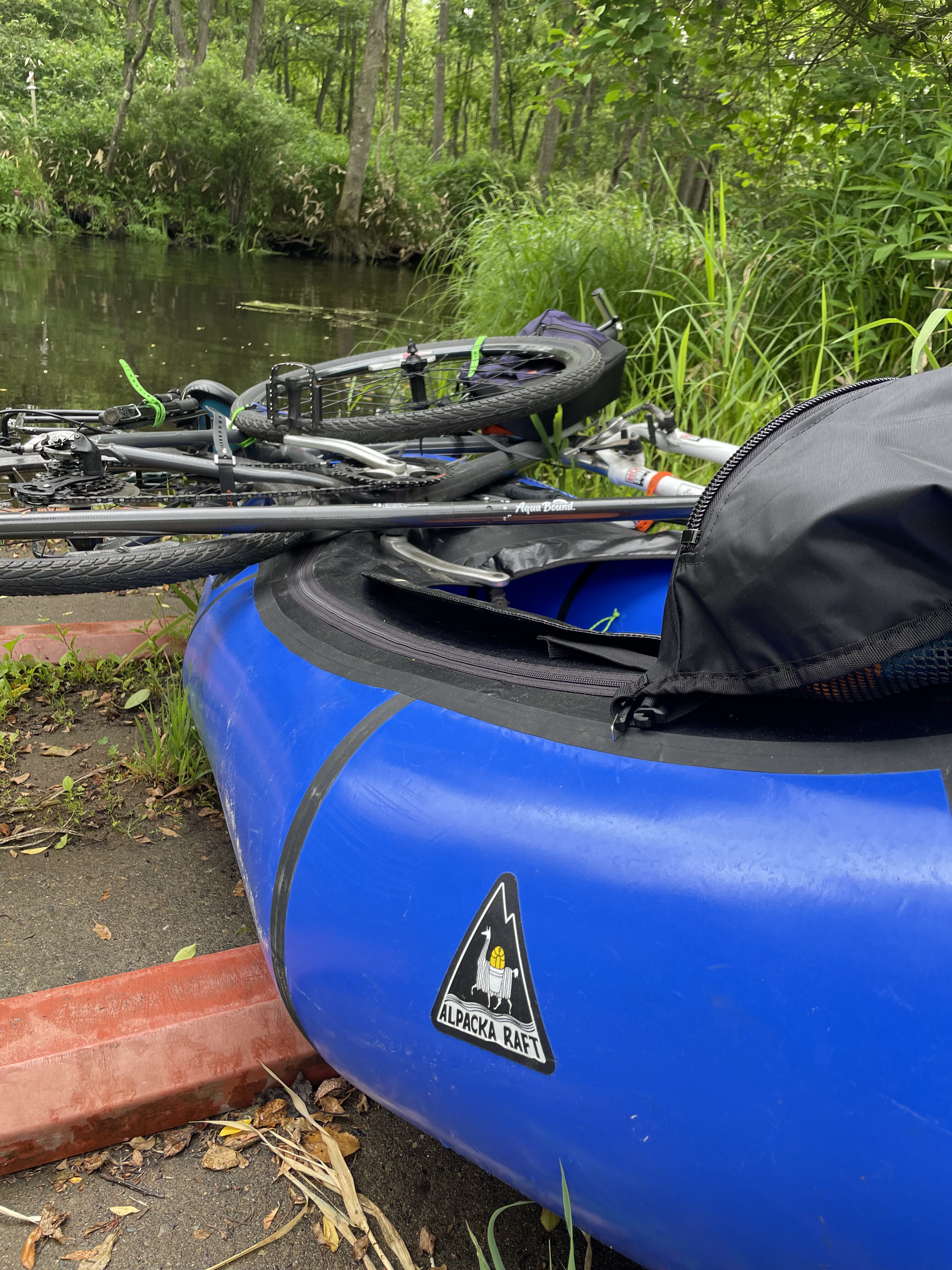 The river at Matsubibi Bridge, bike loaded on the bow