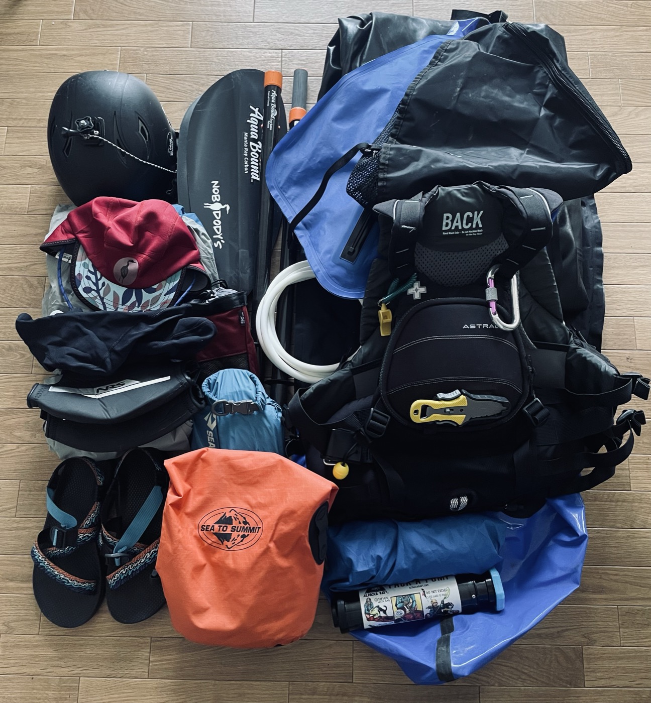Packraft day trip gear laid out